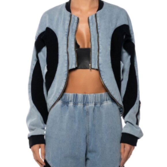 CURVE EFFECT RIBBED TRIM DENIM BOMBER - XL - Picture 1 of 8